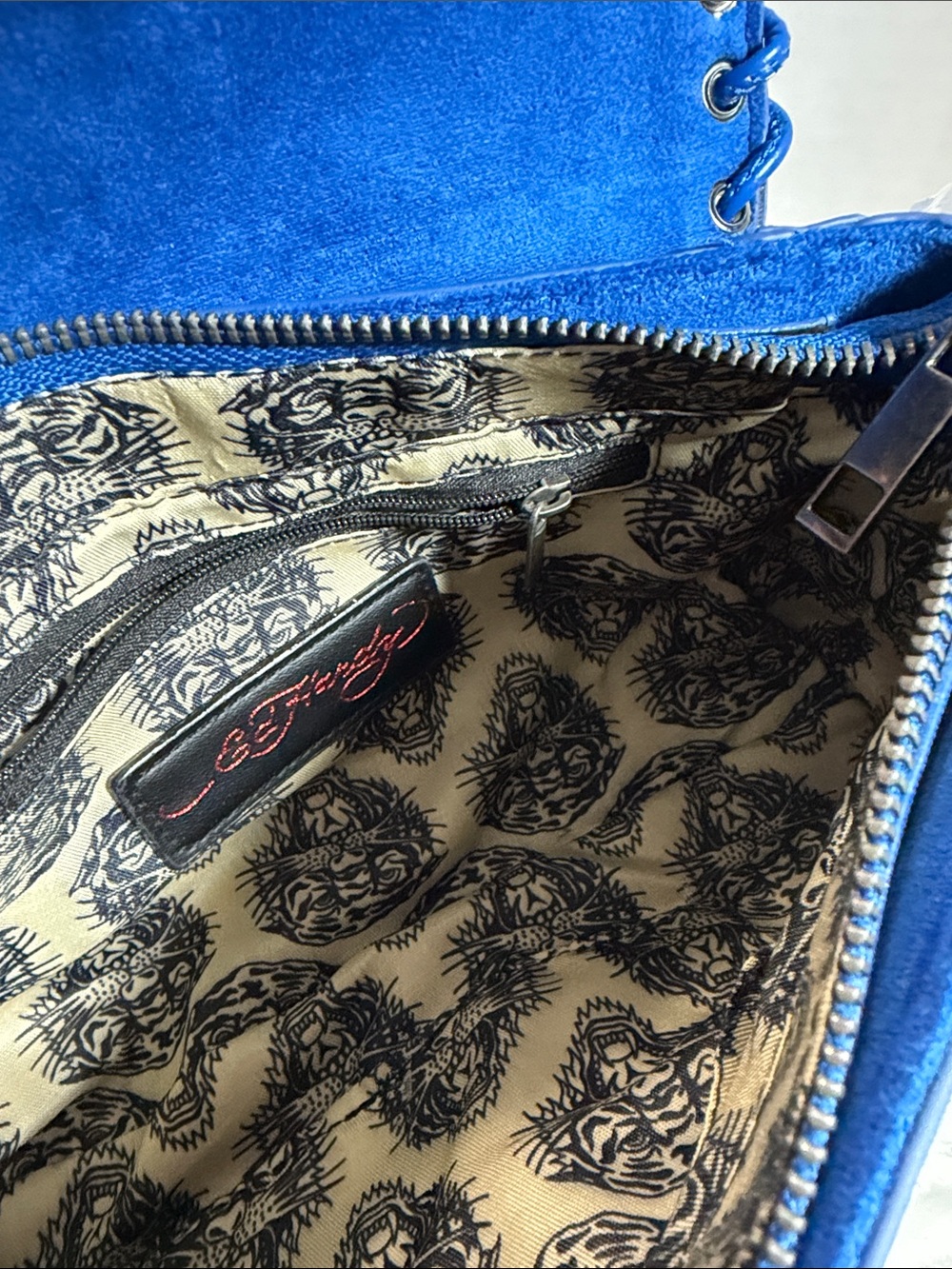 Ed Hardy Blue Suede Shoulder Bag with Round Coin Pouch - Picture 6 of 7